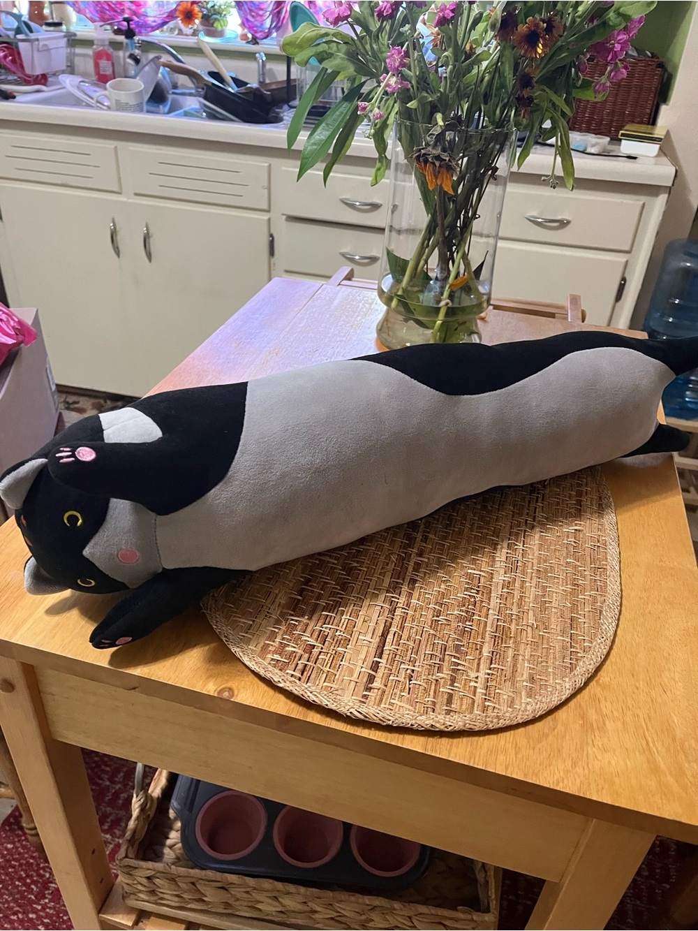 Long Plush Black & Gray Cat Body Pillow - Soft Kids Stuffed Animal